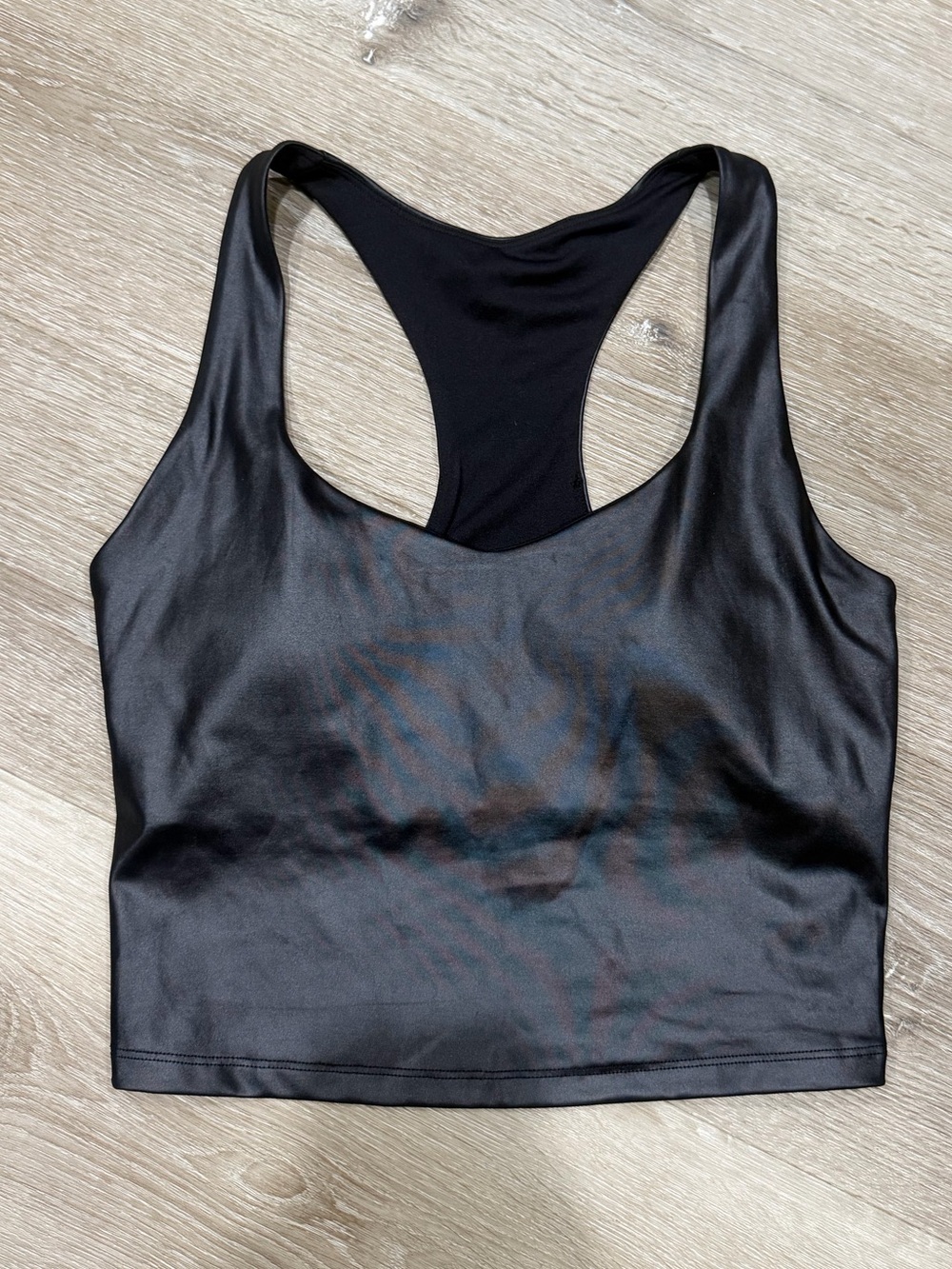 Fabletics Black Racerback Anywhere Shine Built in Bra Satin Crop Tank NWT Small